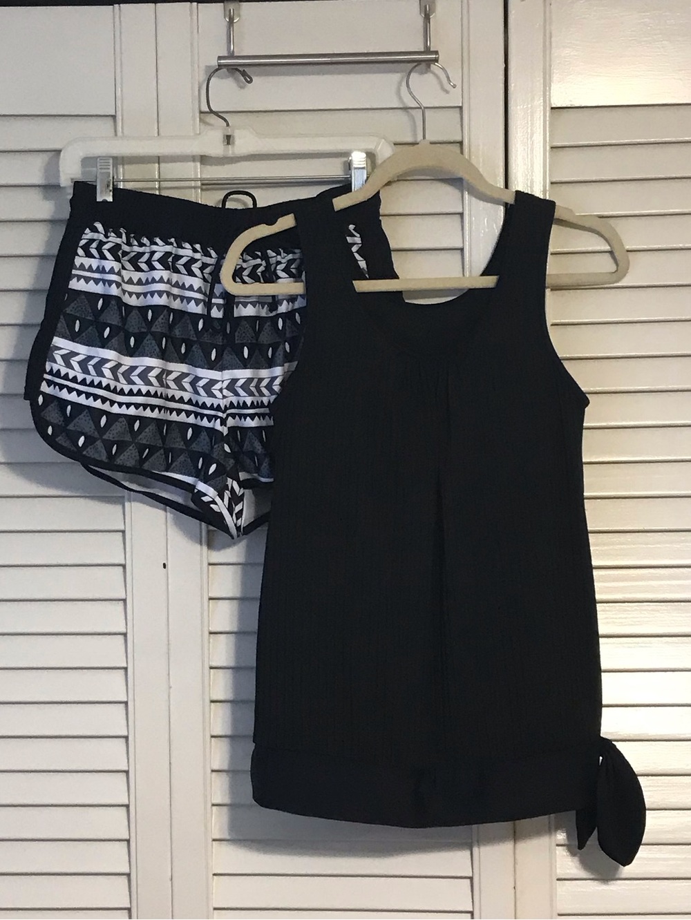 Women's Black Athletic Swim Shorts & Top with Black & White Patterned Detail